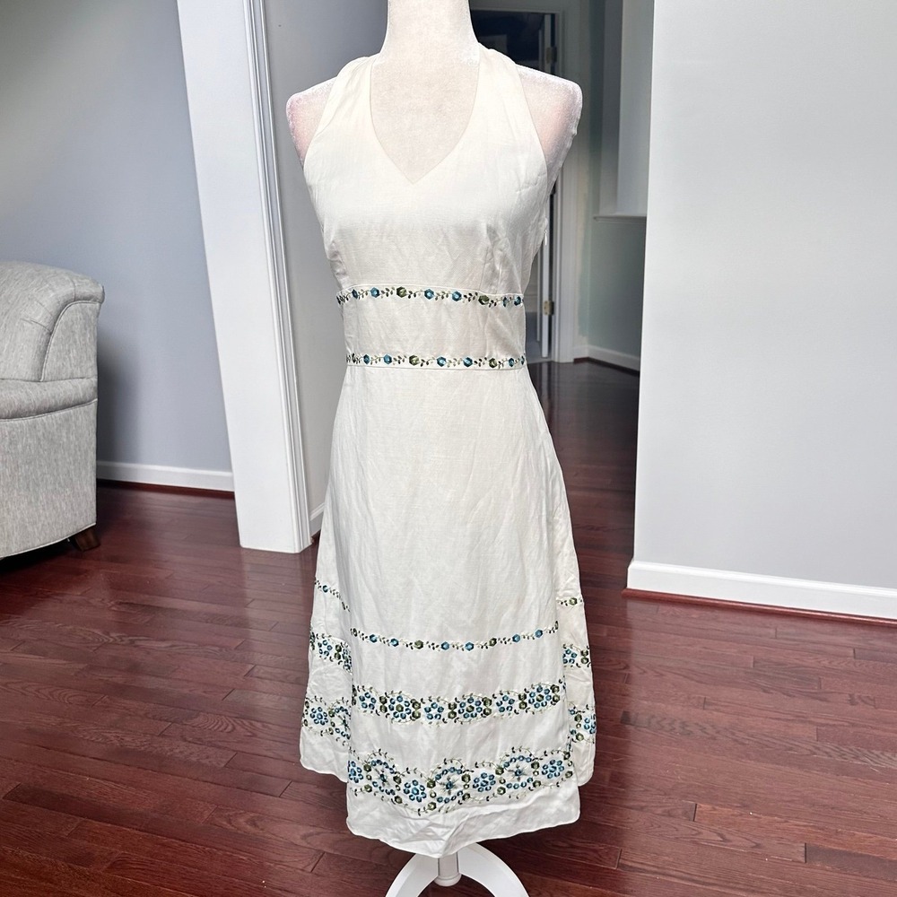 Ann Taylor NWT Linen Halter Floral Embroidered Coquette Dress Size 10 Feminine